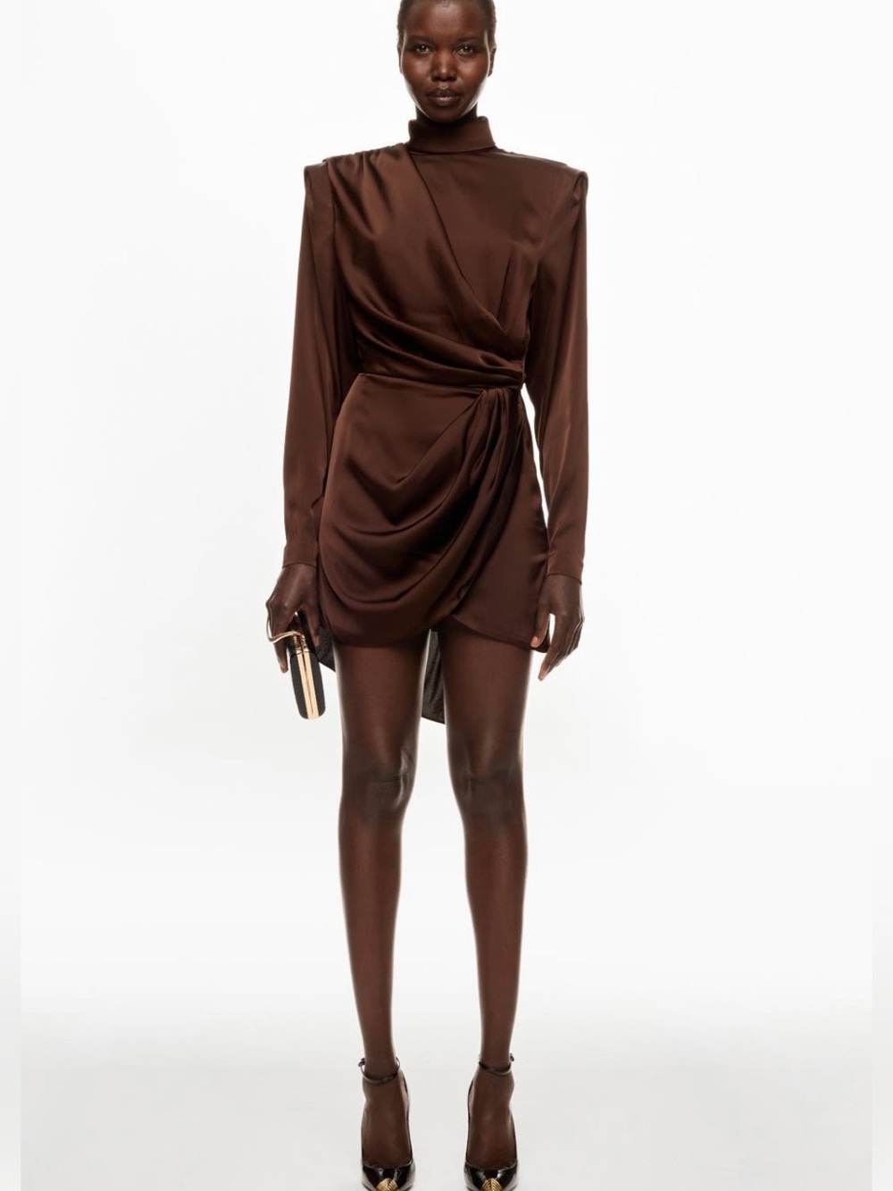 Ronny Kobo Bianca Dress Chocolate Brown, High Neck Long Sleeve XL